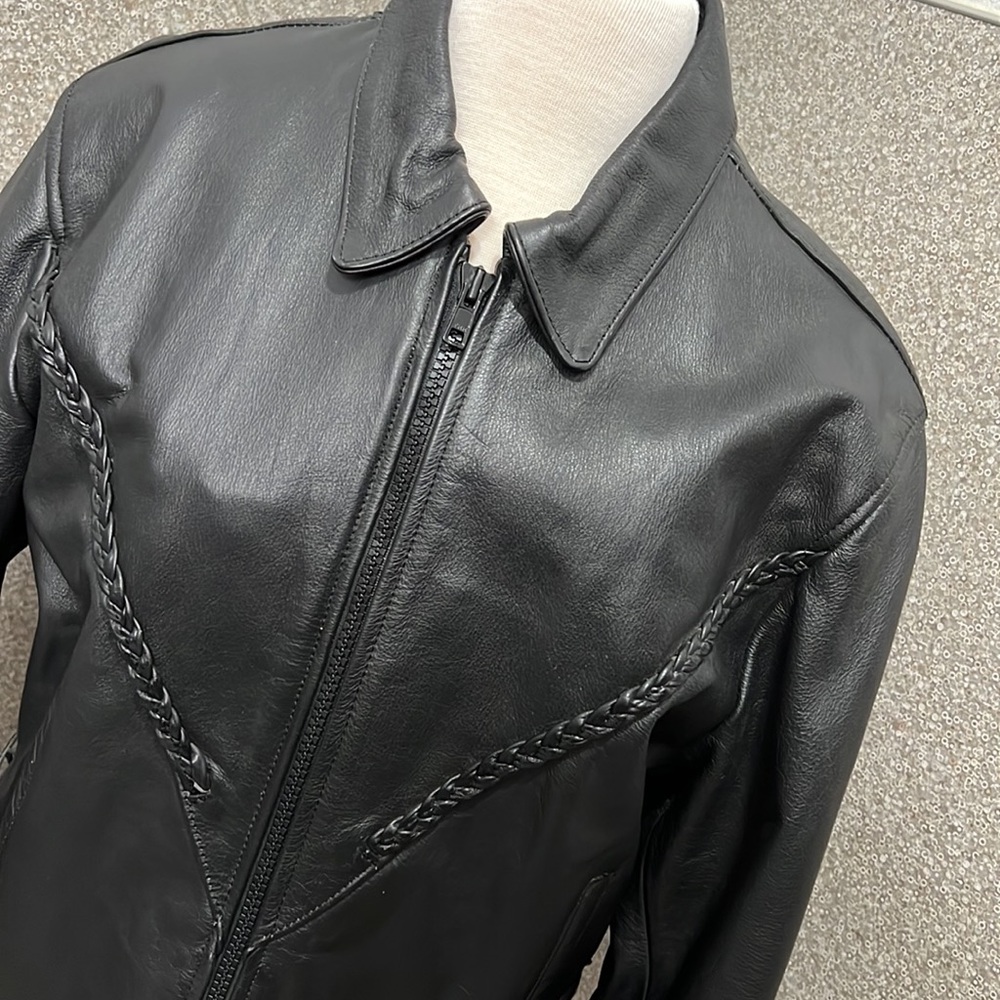 Braid Trim Black Leather Women’s Interstate Motorcycle Riding Jacket Size L